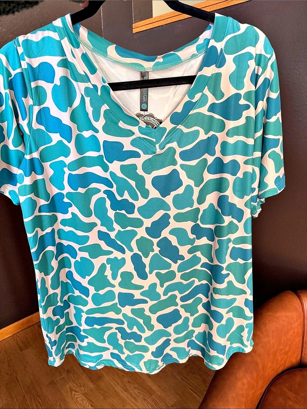 Women's Short Sleeve Top, Turquoise & White